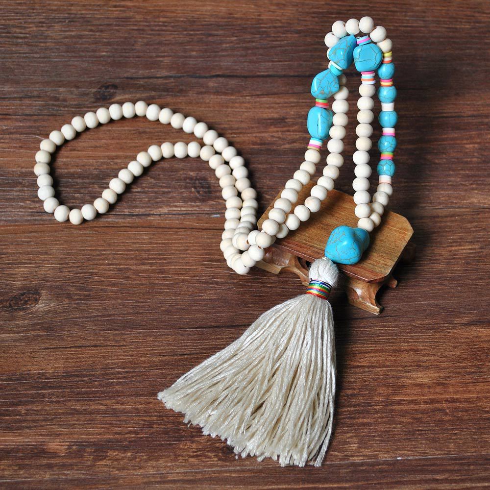 Wood Bead Tassel Long Boho Necklace - White