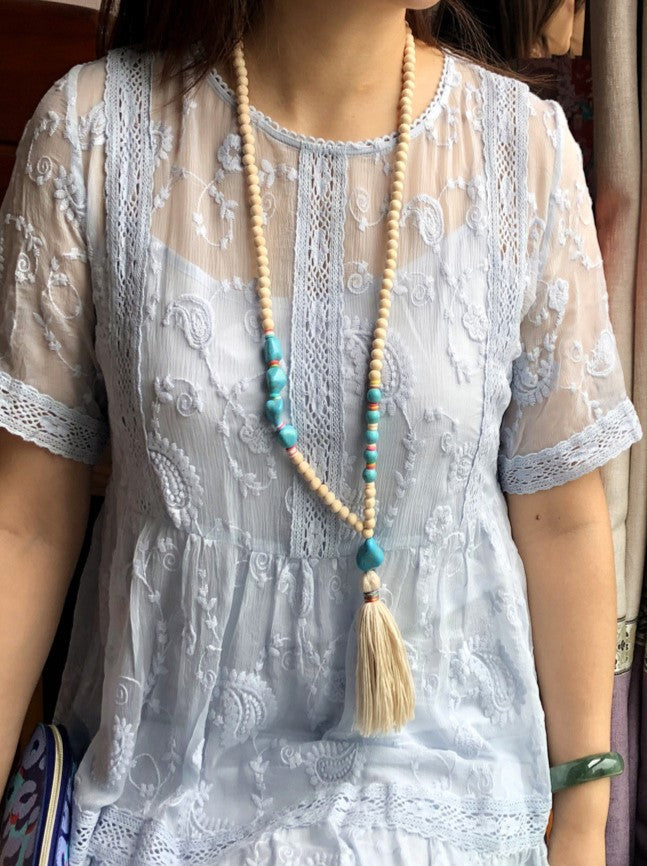 Wood Bead Tassel Long Boho Necklace - White - 1
