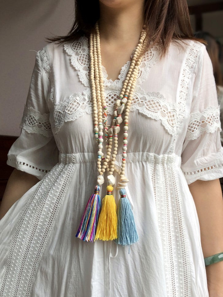 Wood Bead Tassel Long Boho Necklace - White - 3