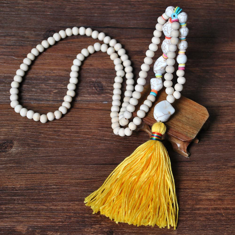 Wood Bead Tassel Long Boho Necklace - Yellow