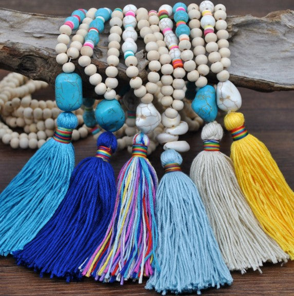 Wood Bead Tassel Long Boho Necklace - Yellow - 1