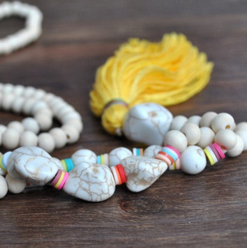 Wood Bead Tassel Long Boho Necklace - Yellow - 2