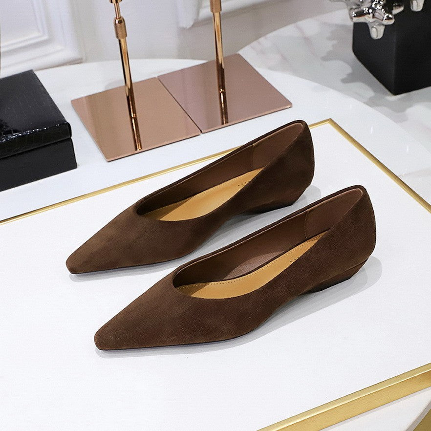 Pointed Toe Suede-Finish Low Wedge Flats - Chocolate