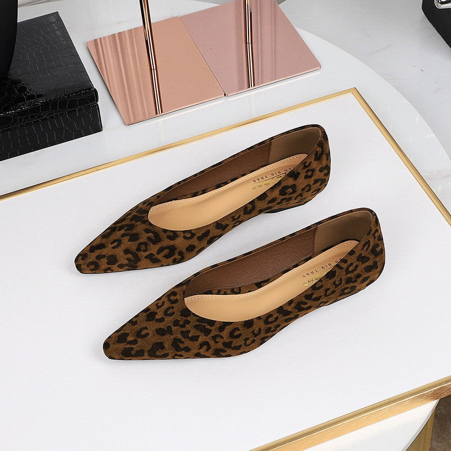 Pointed Toe Suede-Finish Low Wedge Flats - Leopard