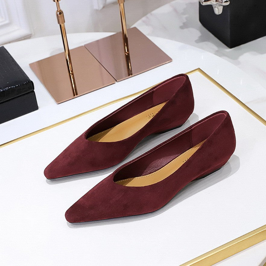Pointed Toe Suede-Finish Low Wedge Flats