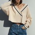 Contrast Trim V Neck Cropped Sweater - White