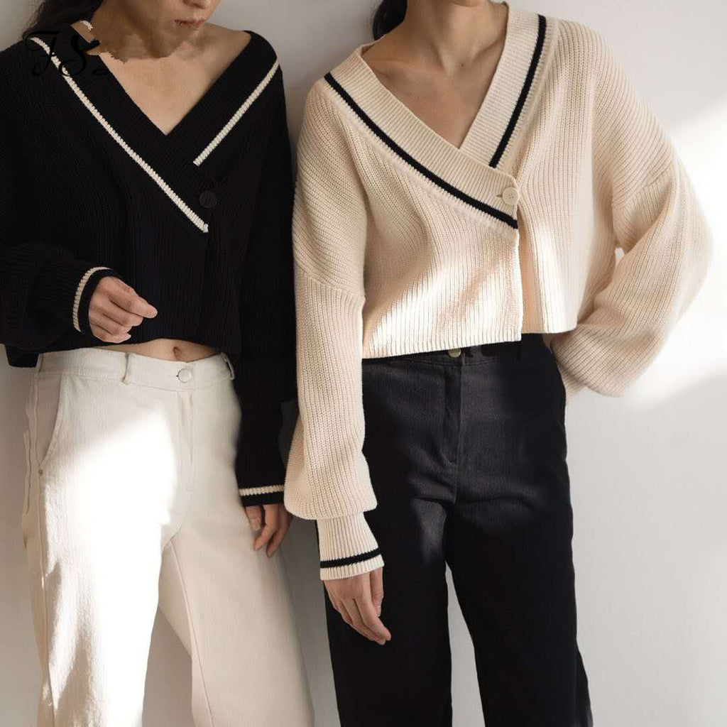 Contrast Trim V Neck Cropped Sweater - White - 2