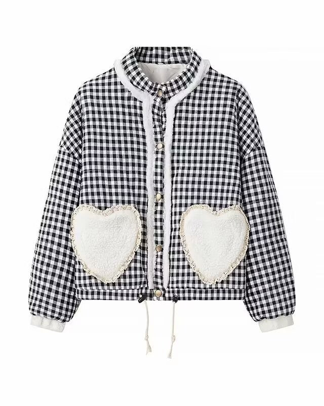 Heart Pocket Gingham Quilted Cropped Jacket - Black