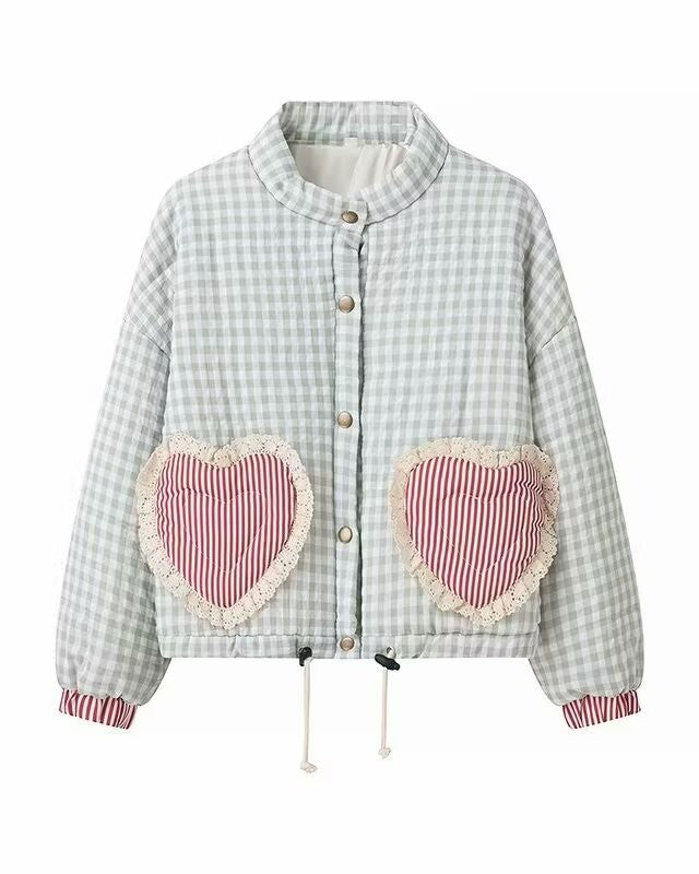 Heart Pocket Gingham Quilted Cropped Jacket - Green