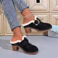 Plush Lined Buckle Block Heel Clog Mules - Black
