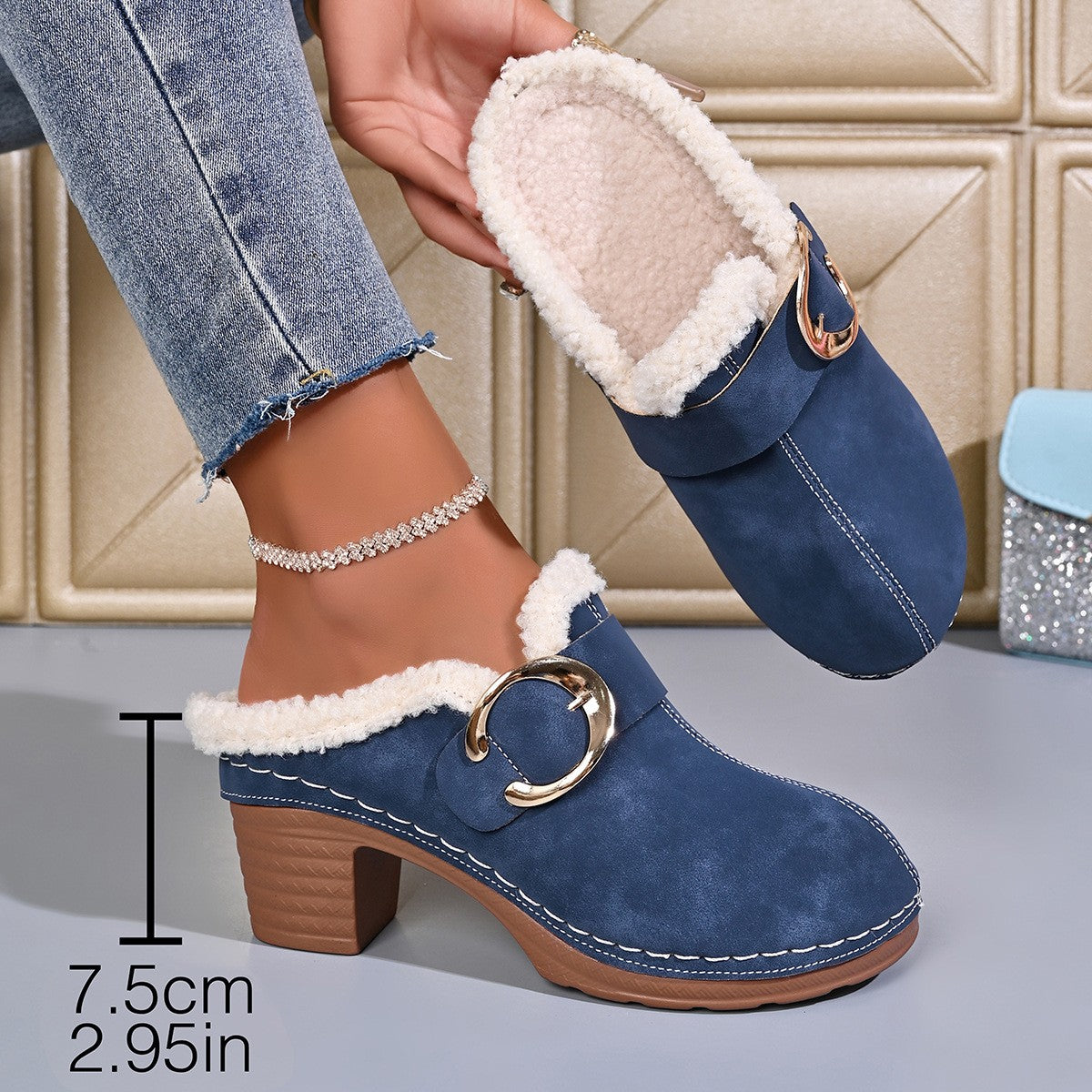 Plush Lined Buckle Block Heel Clog Mules - Blue