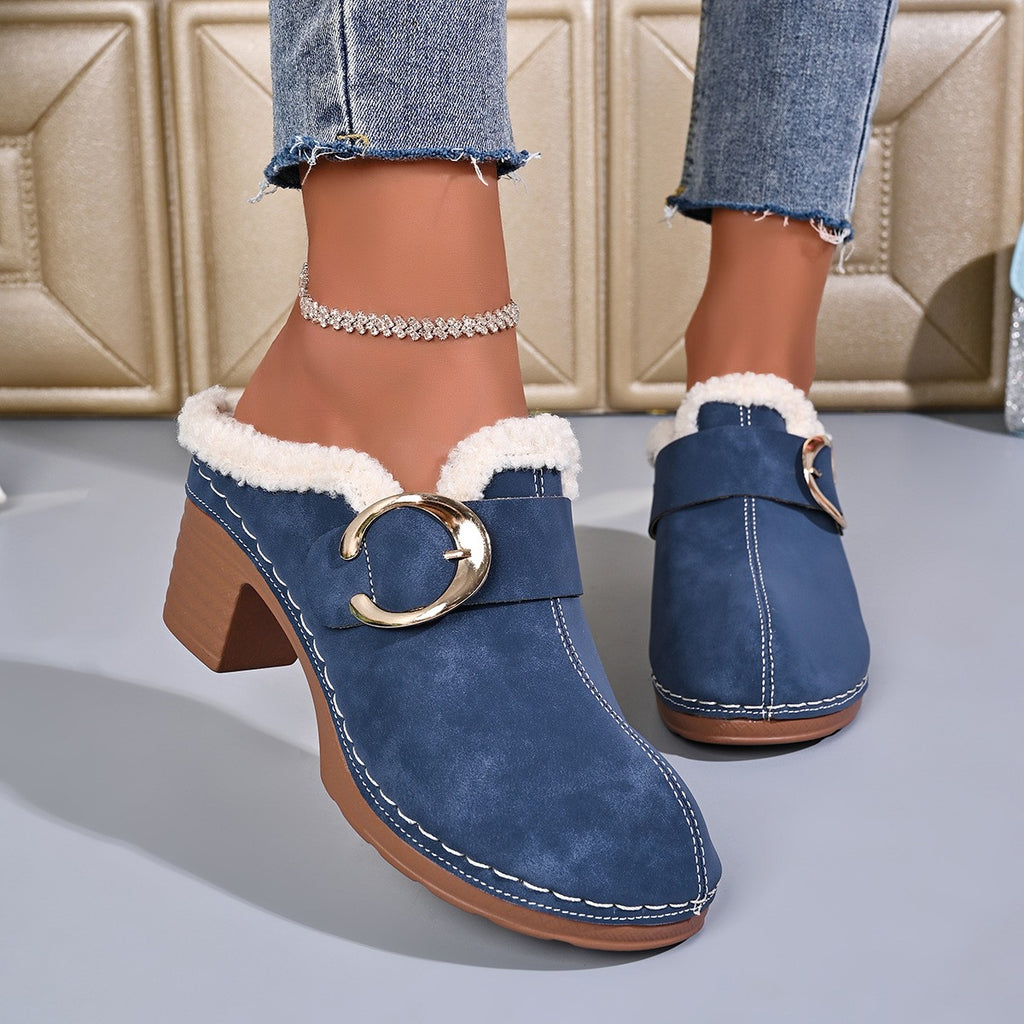 Plush Lined Buckle Block Heel Clog Mules