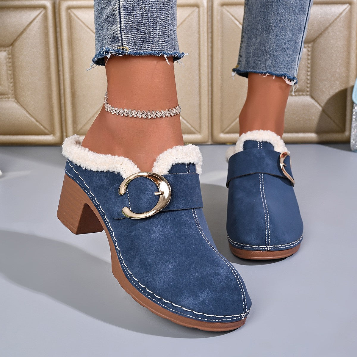 Plush Lined Buckle Block Heel Clog Mules