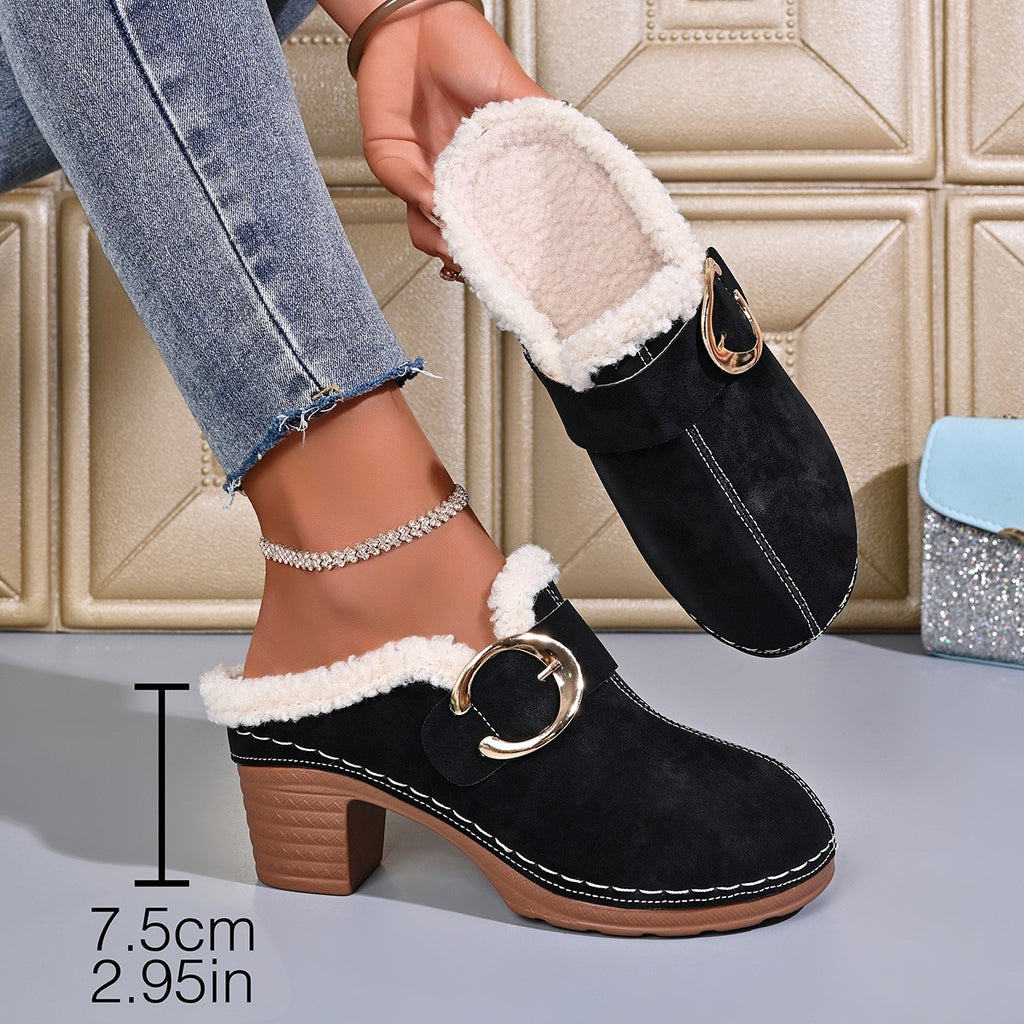 Plush Lined Buckle Block Heel Clog Mules