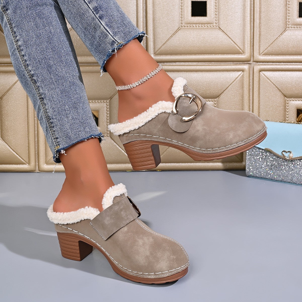 Plush Lined Buckle Block Heel Clog Mules