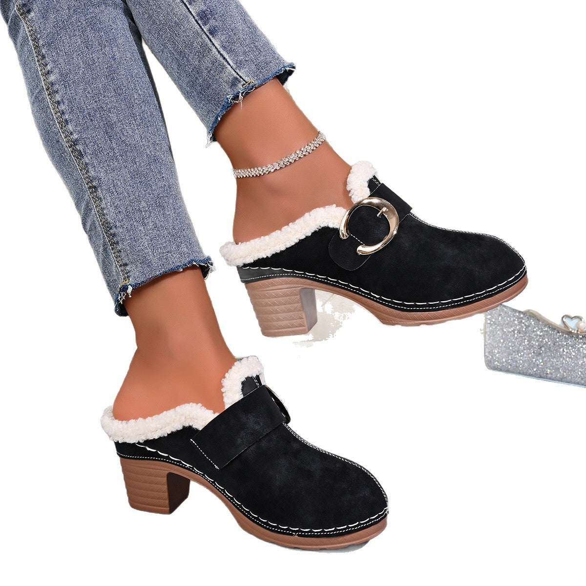 Plush Lined Buckle Block Heel Clog Mules