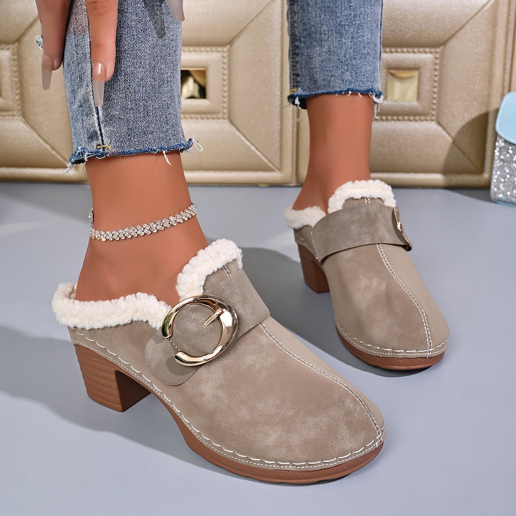 Plush Lined Buckle Block Heel Clog Mules