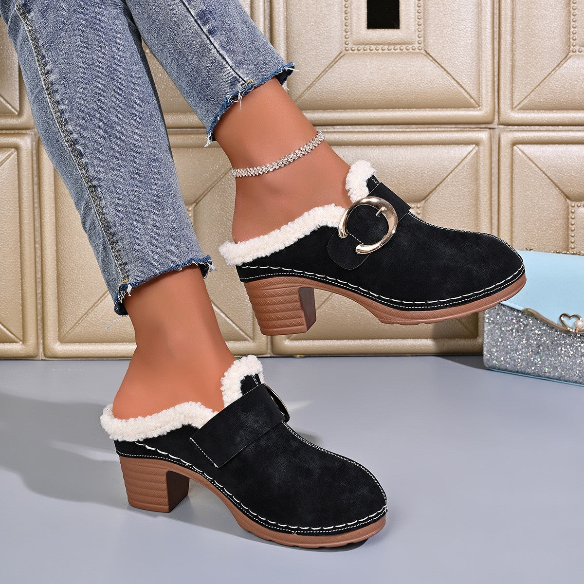 Plush Lined Buckle Block Heel Clog Mules