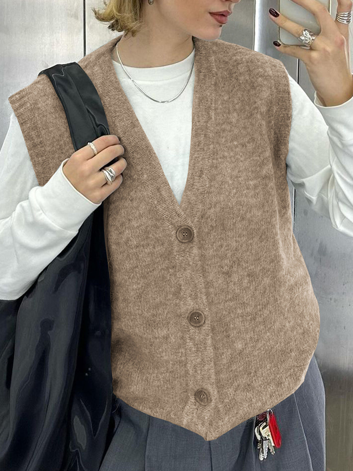 Brushed Knit V-Neck Button Sweater Vest - Coffee