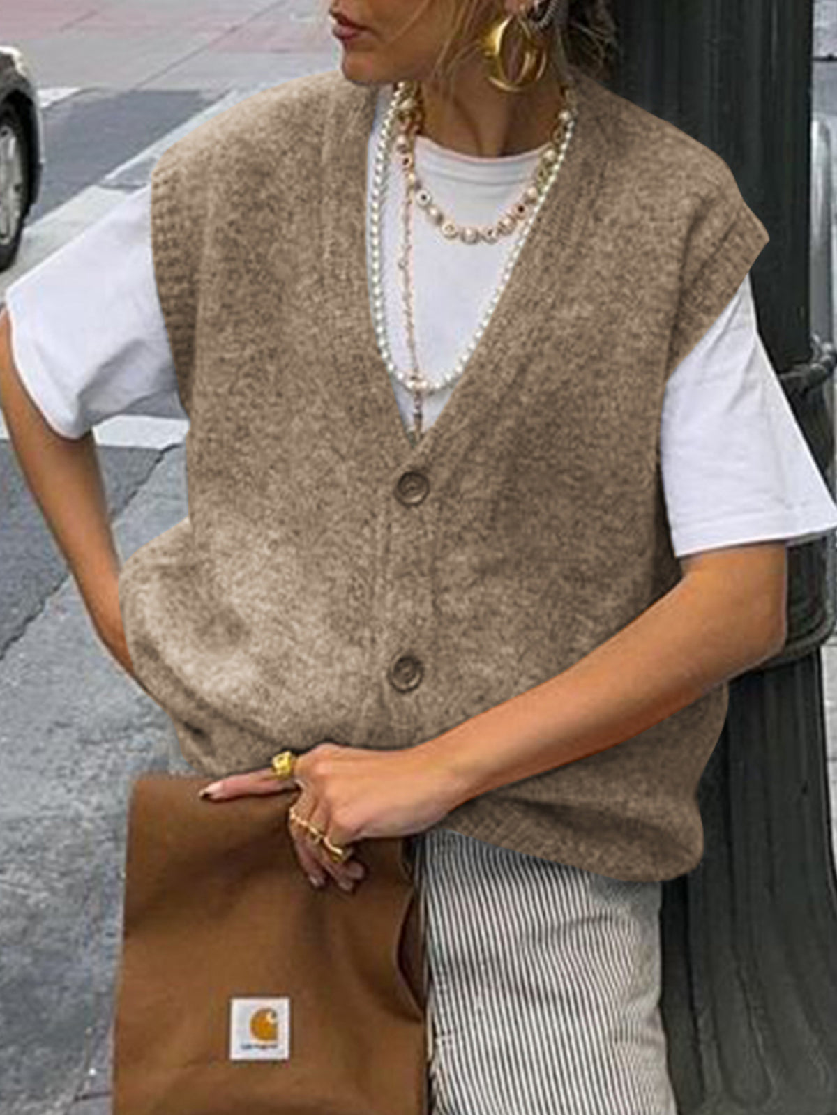 Brushed Knit V-Neck Button Sweater Vest - Coffee - 1