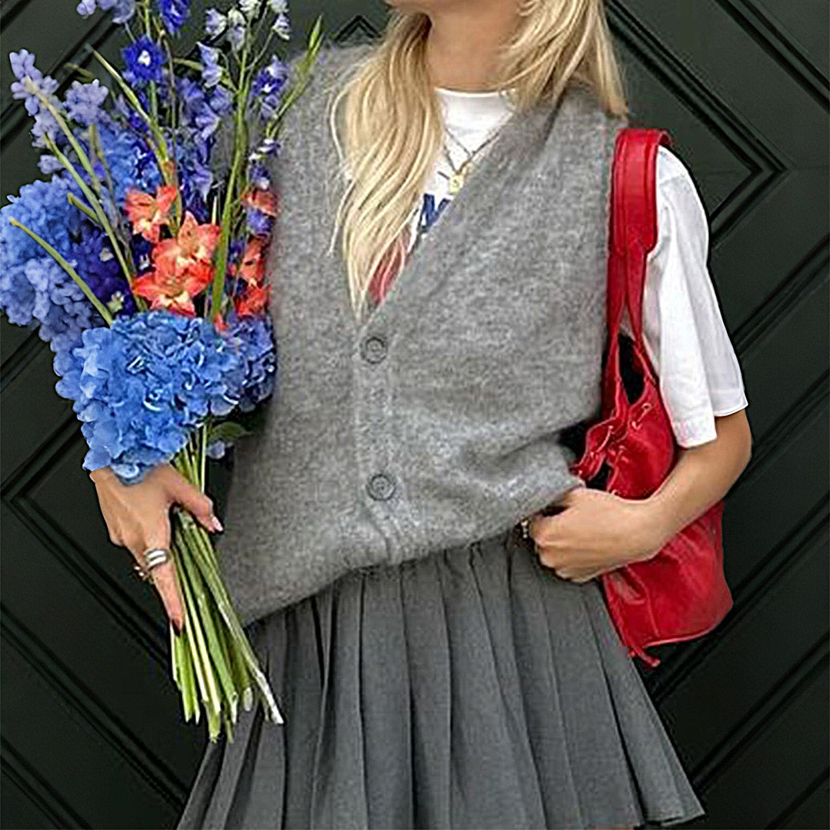 Brushed Knit V-Neck Button Sweater Vest - Grey