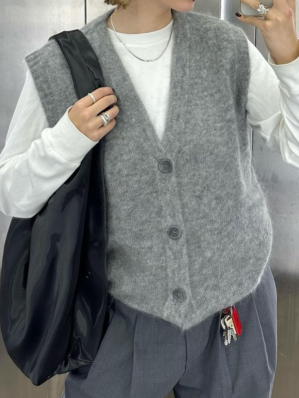 Brushed Knit V-Neck Button Sweater Vest - Grey - 1