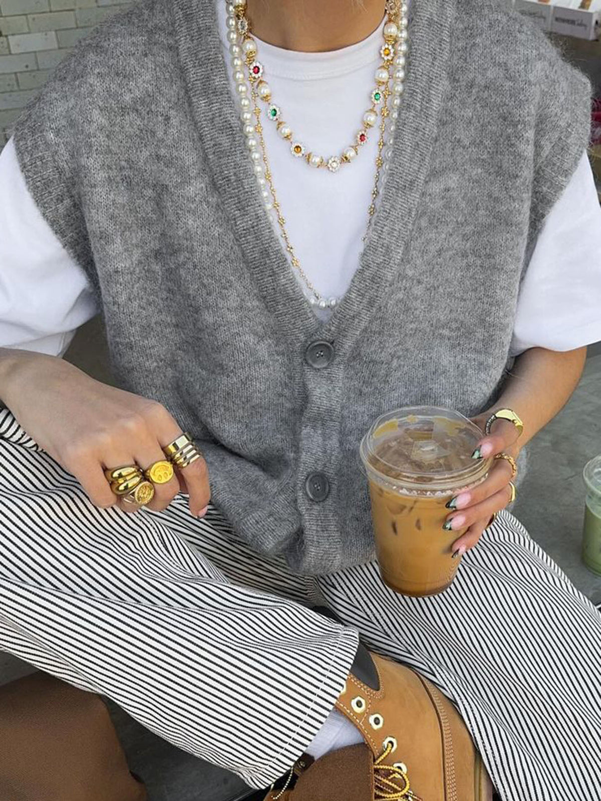 Brushed Knit V-Neck Button Sweater Vest - Grey - 2