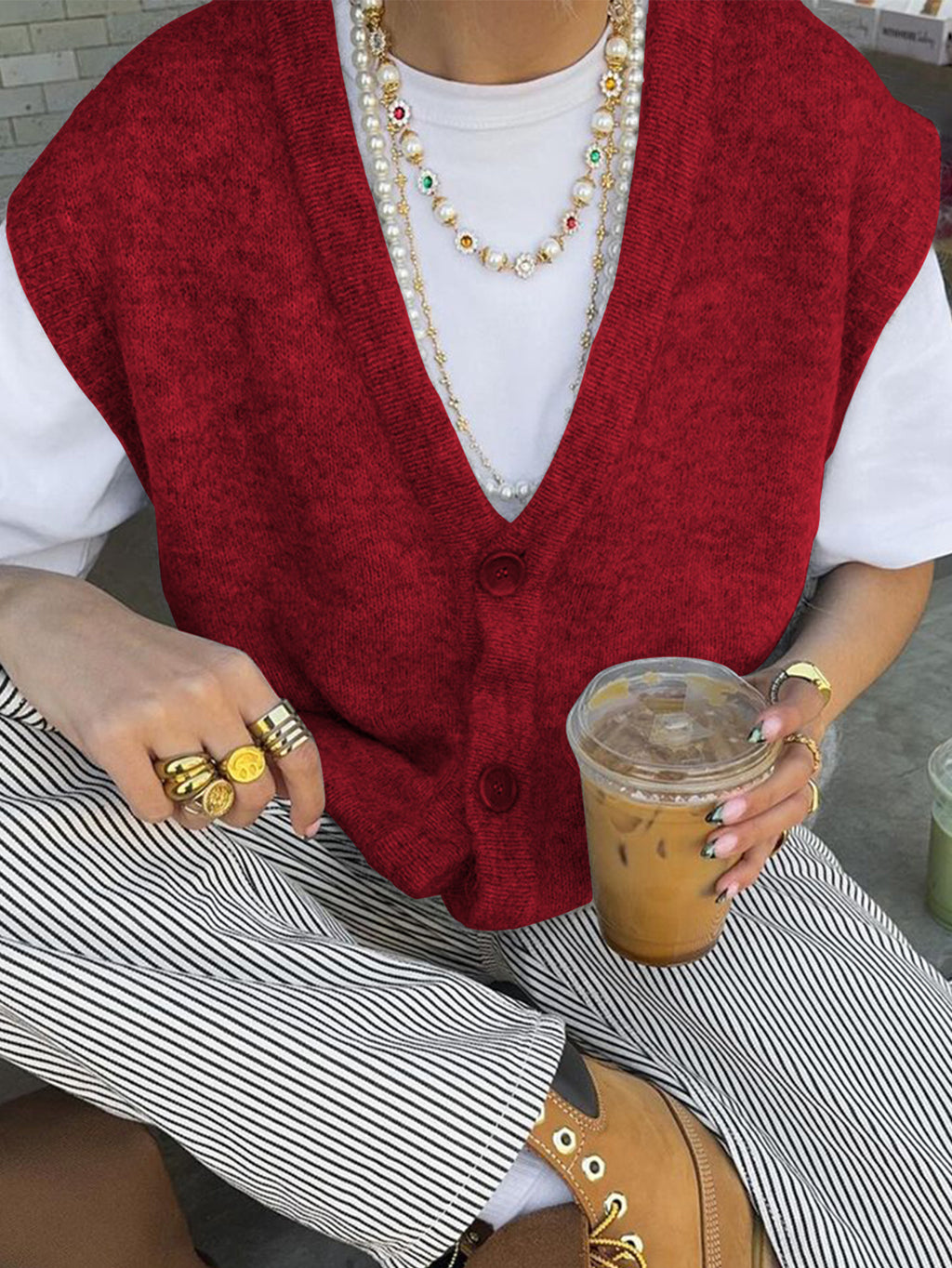 Brushed Knit V-Neck Button Sweater Vest - WineRed