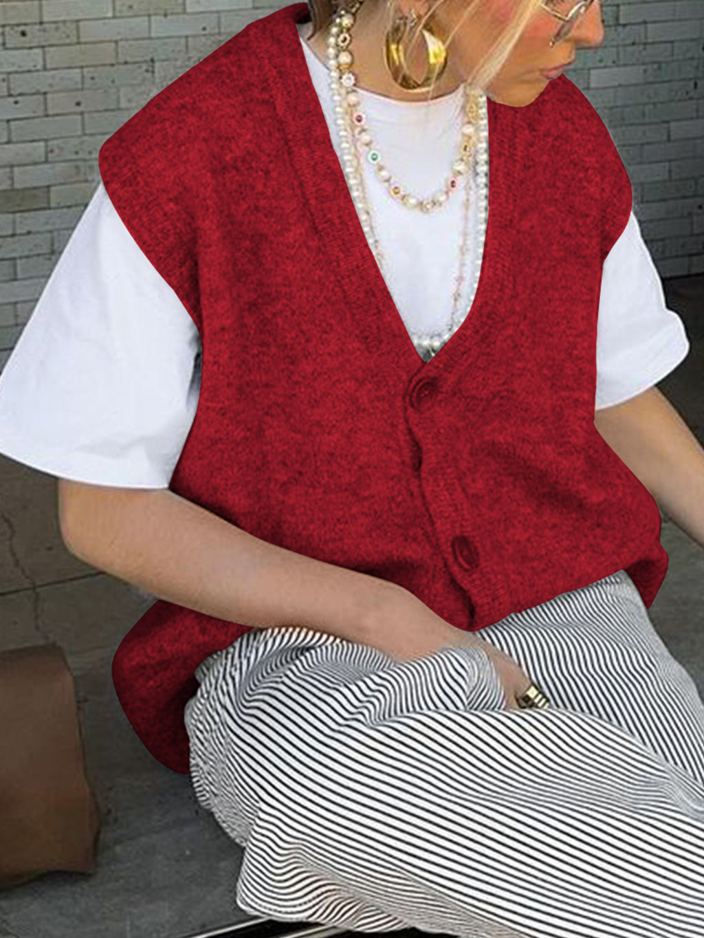 Brushed Knit V-Neck Button Sweater Vest - WineRed - 1