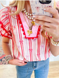 Pom Trim Bow Print Striped Blouse - Pink
