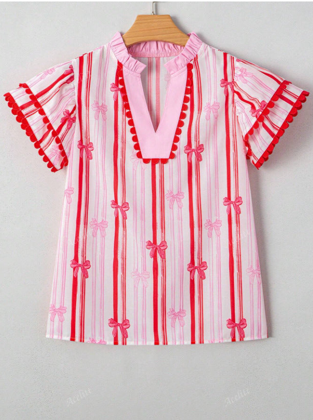 Pom Trim Bow Print Striped Blouse - Pink - 1
