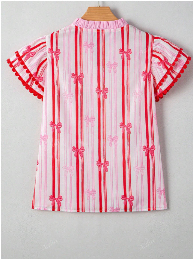 Pom Trim Bow Print Striped Blouse - Pink - 2