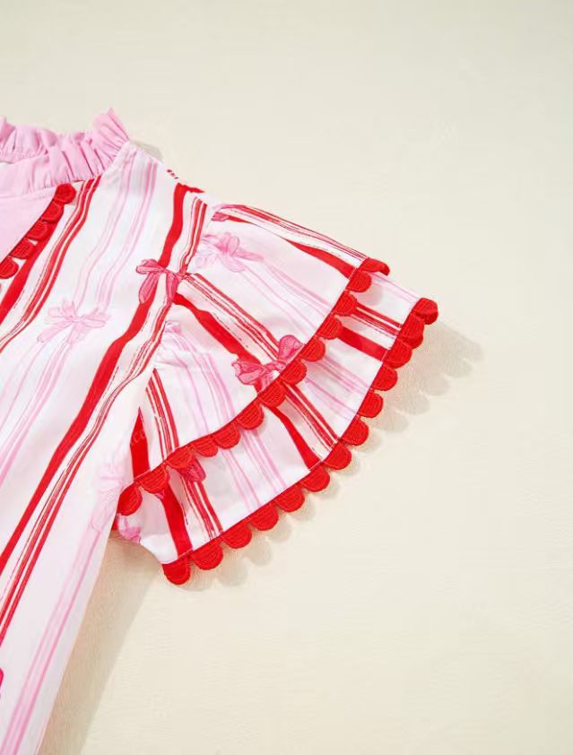 Pom Trim Bow Print Striped Blouse - Pink - 3