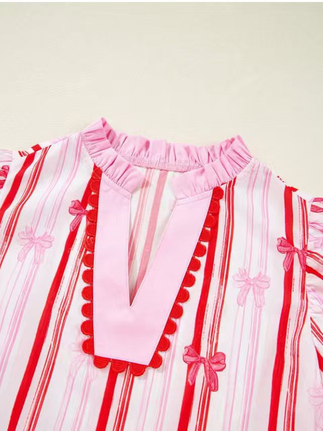 Pom Trim Bow Print Striped Blouse - Pink - 4