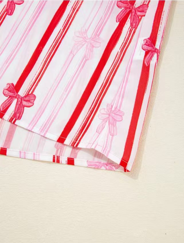 Pom Trim Bow Print Striped Blouse - Pink - 5