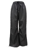 Wide Leg Parachute Pants With Toggle Hems - Black