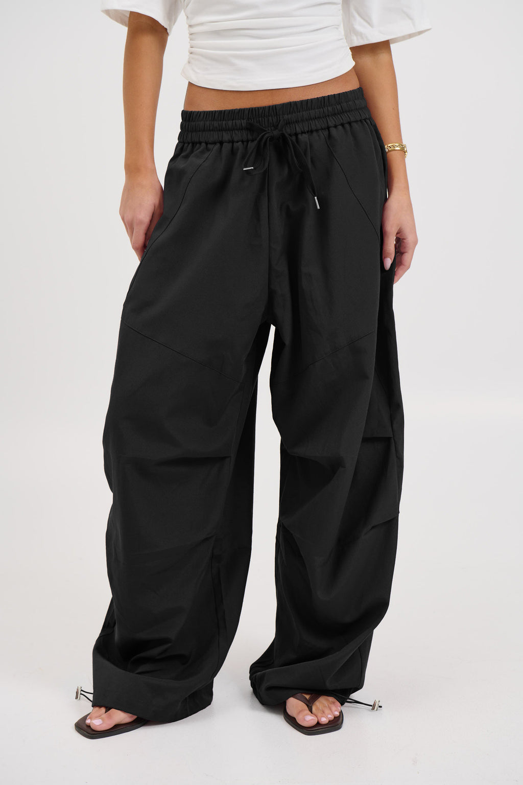Wide Leg Parachute Pants With Toggle Hems - Black - 2