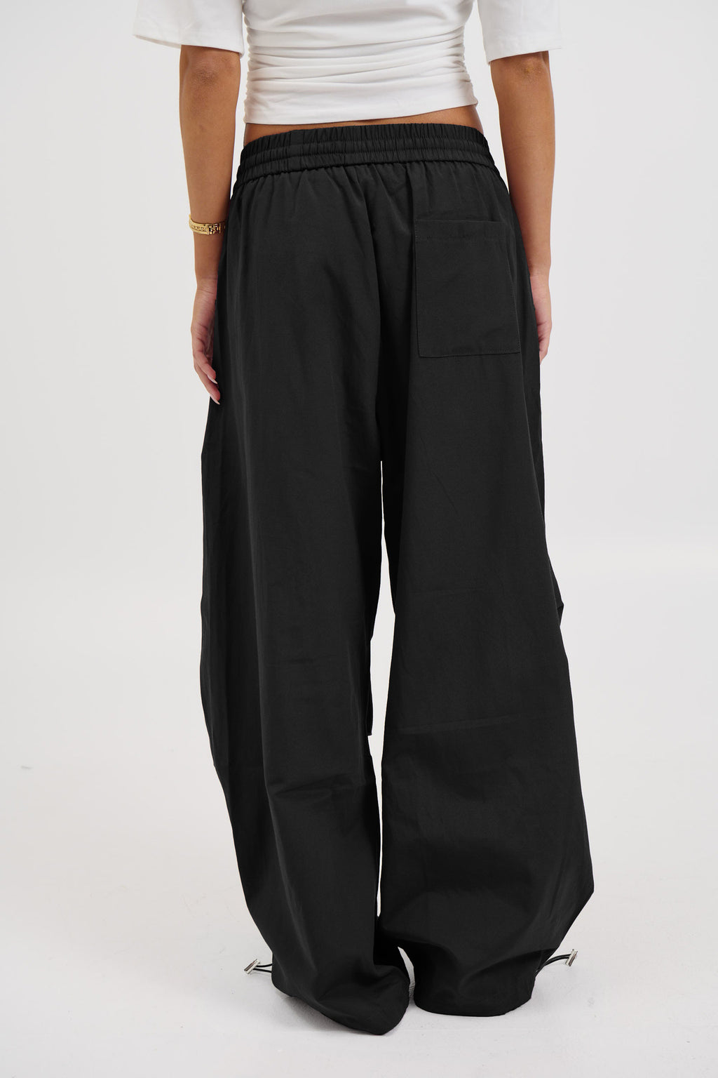 Wide Leg Parachute Pants With Toggle Hems - Black - 3