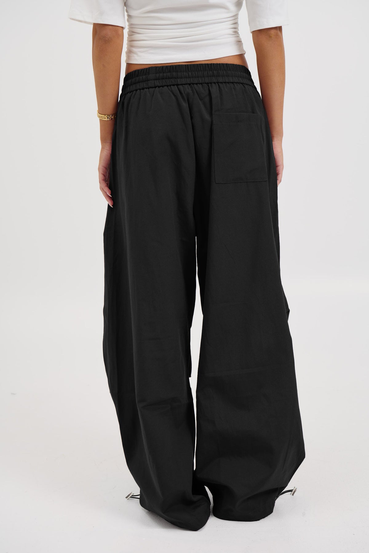 Wide Leg Parachute Pants With Toggle Hems - Black - 3