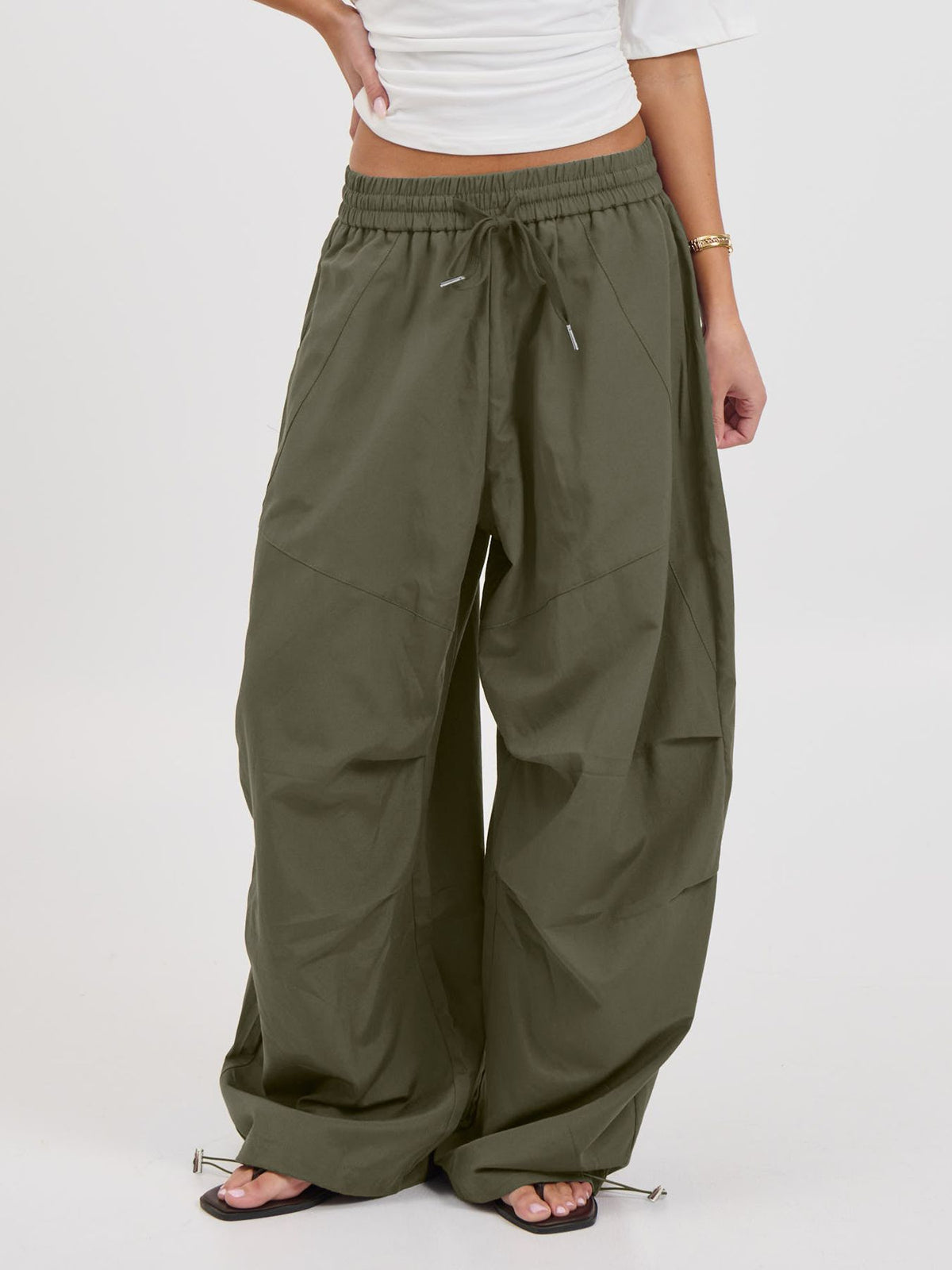 Wide Leg Parachute Pants With Toggle Hems - Green