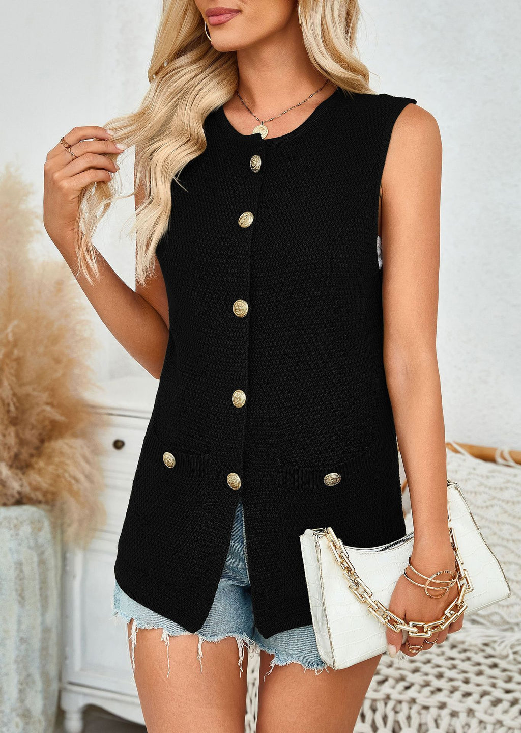 Longline Button Front Knit Vest - Black