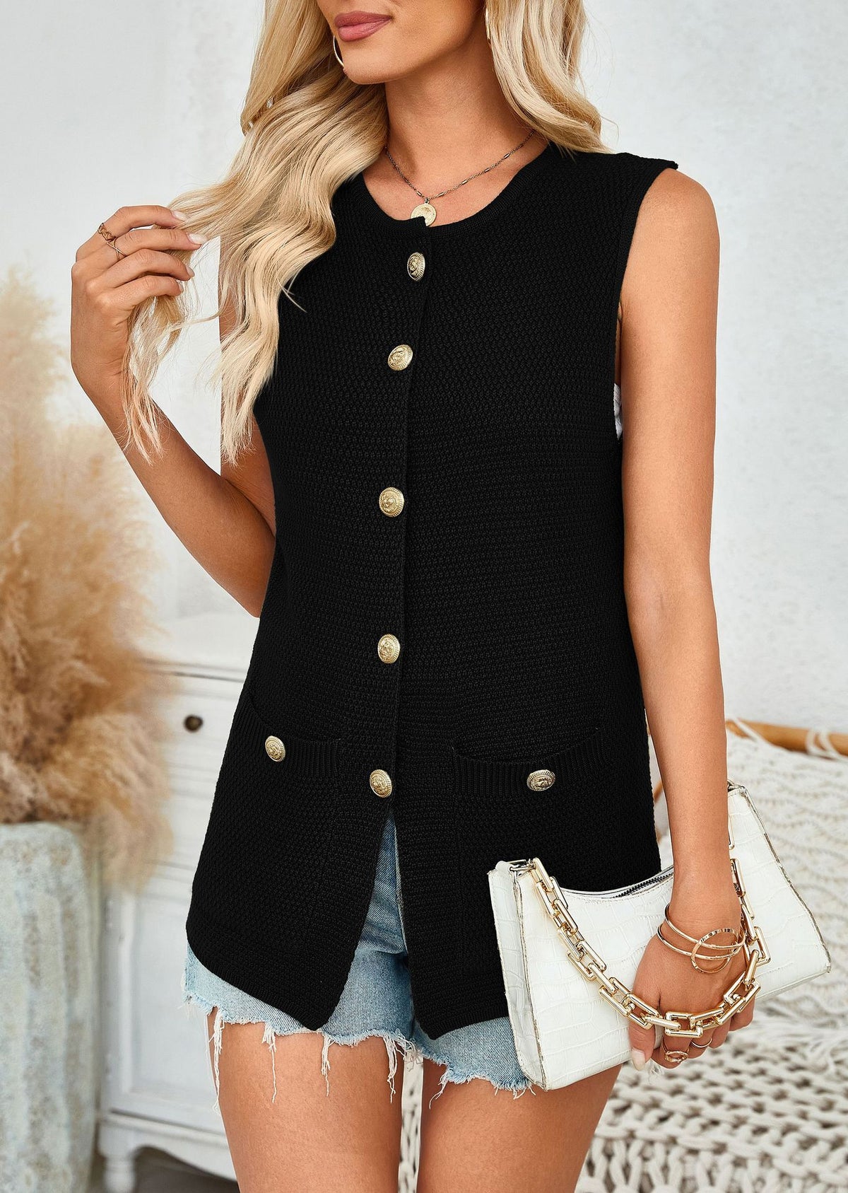 Longline Button Front Knit Vest - Black