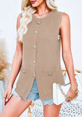 Longline Button Front Knit Vest - Khaki