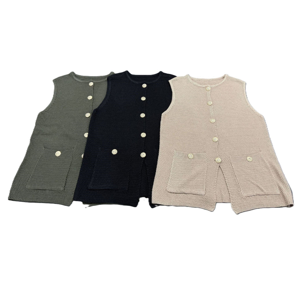 Longline Button Front Knit Vest - Khaki - 1