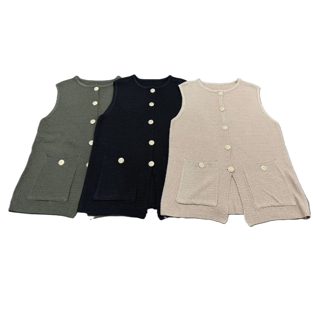Longline Button Front Knit Vest - Khaki - 1