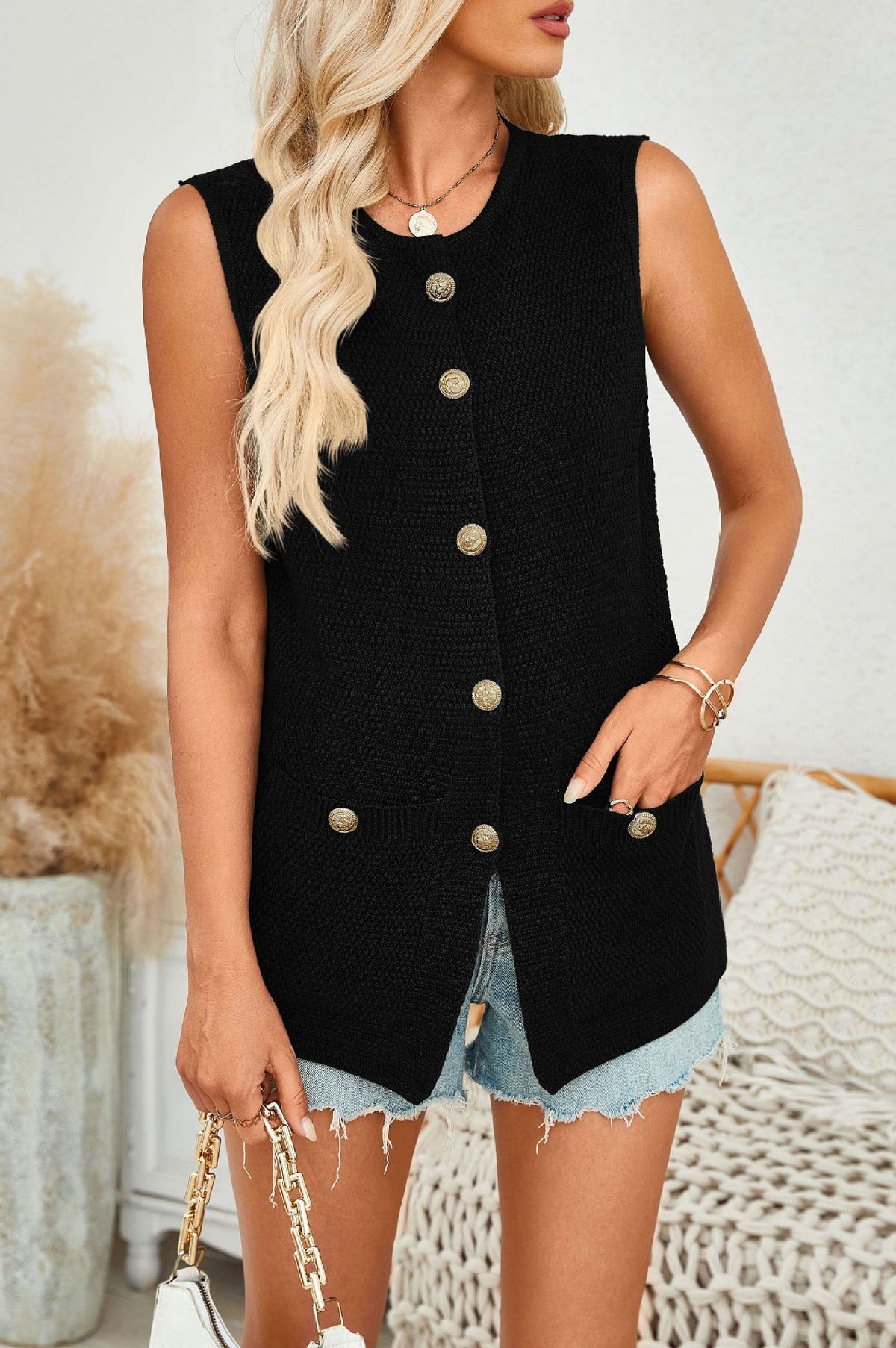 Longline Button Front Knit Vest - view 1