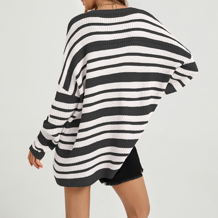 Wide Stripe Oversized Tunic Knit Sweater - Black - 1