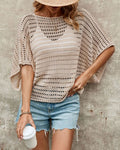 Crochet Knit Blouse With Batwing Sleeves - Khaki