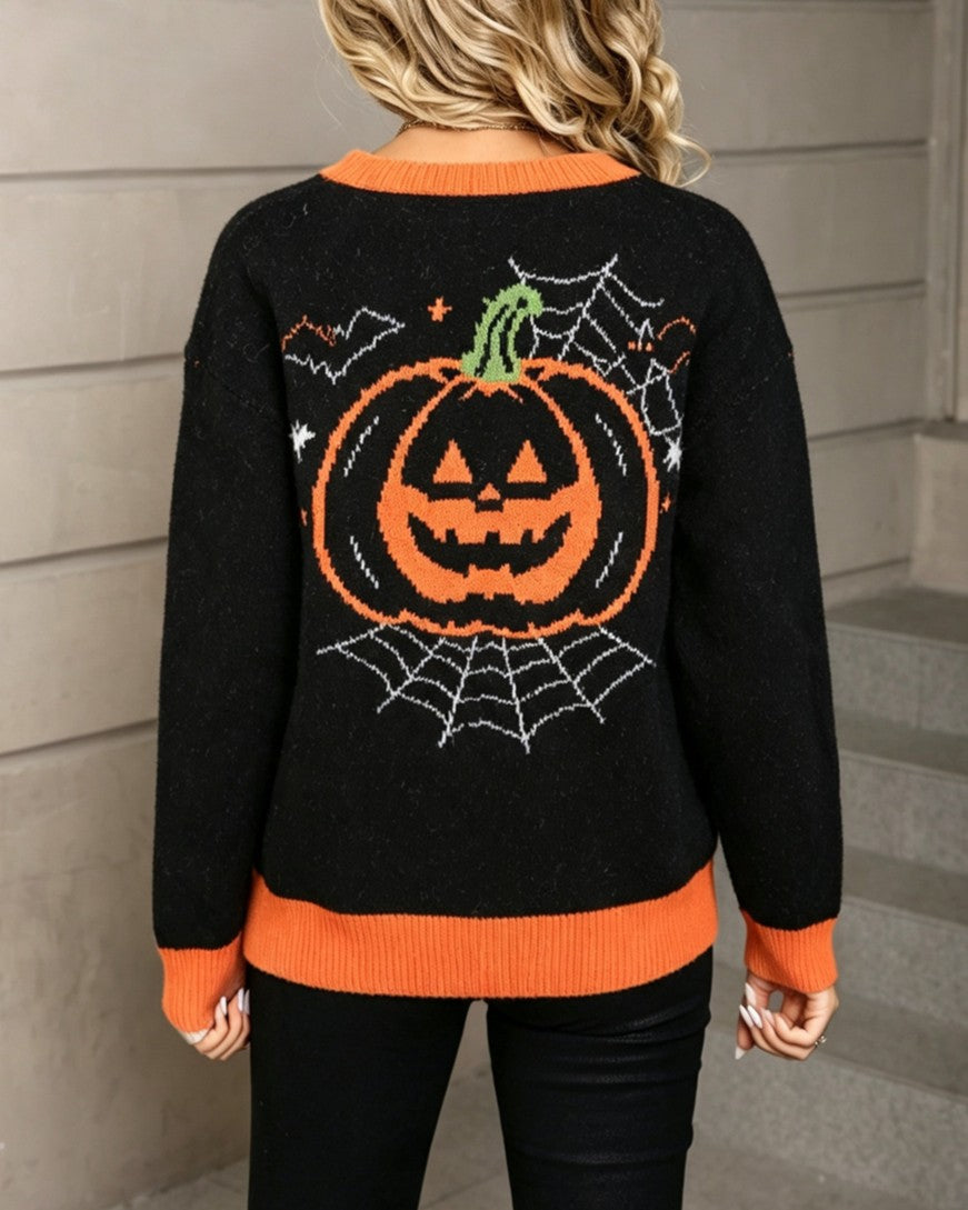 Ghost Front Pumpkin Back Halloween Knit Sweater - Black - 1