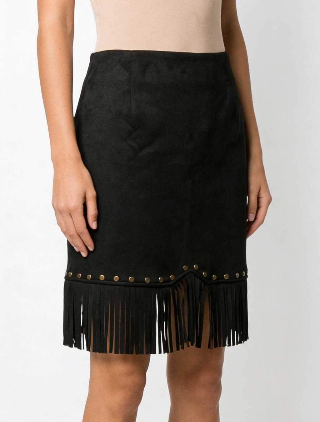 Studded Fringe Hem Suede Mini Skirt - black
